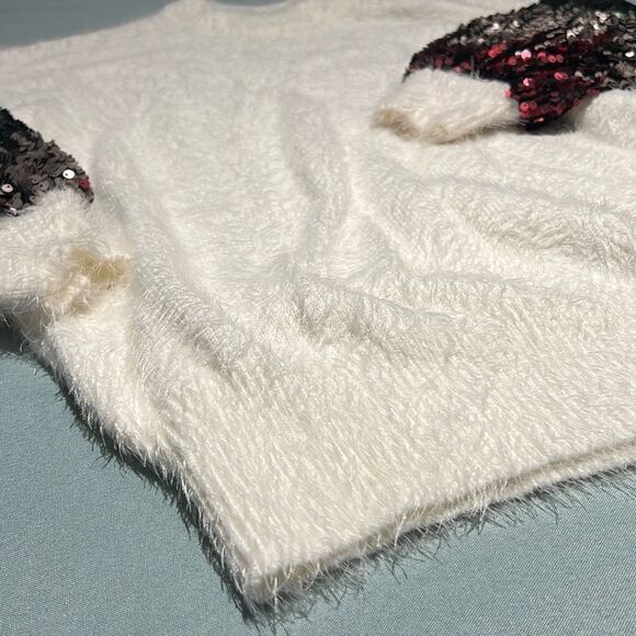 Cream Puffy Sleeve Sequence Fuzzy Sweater Size S/M C31 - Picture 6 of 6